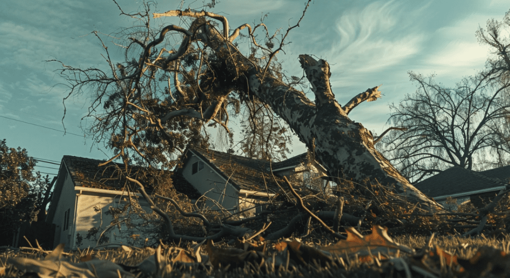 A large tree is uprooted and lies on the ground in front of two houses. The sky in the background is blue with scattered clouds.