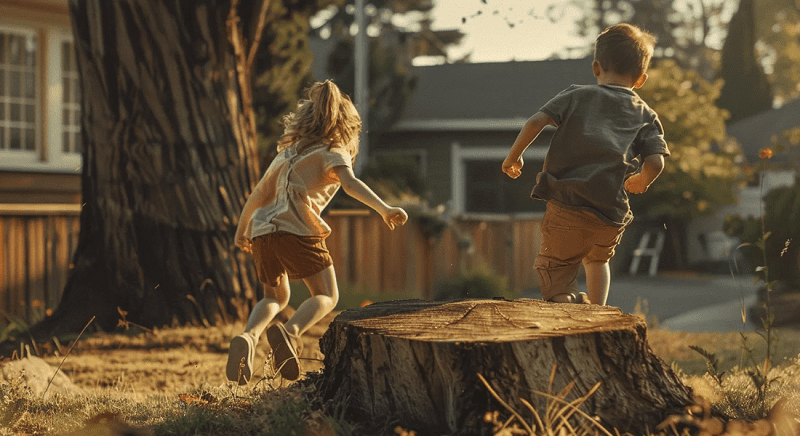 Two children run around a large tree stump in a sunlit backyard, with houses and tall trees in the background.